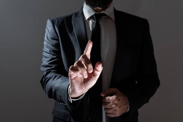 Businessman In Suit Pointing With One Finger On Important Message. - Foto, Imagem