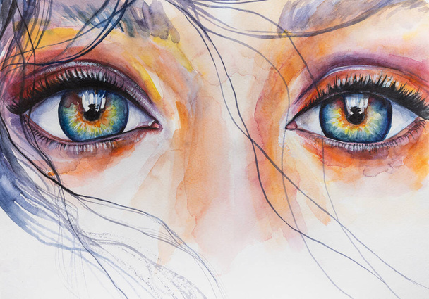 Akvarell női portré festés. Handmad konceptuális absztrakt képet a szem. Festés színes színekben. Fogalmi absztrakt közelkép akvarell festék és ecset papír. - Fotó, kép