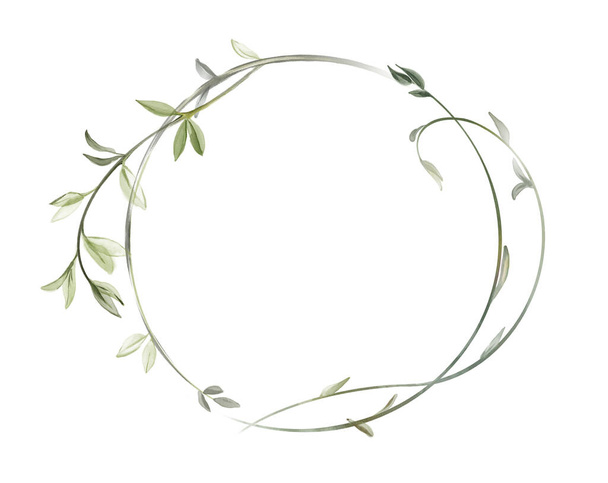 Watercolor floral round wreath. Pastel color abstract circle frame with branches and eucalyptus leaves. Place for text. Logo and card template in modern boho style. - 写真・画像