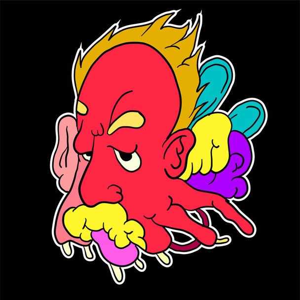 Sticker kleurrijke doodle cartoon vector illustratie. hoofd, masker, kwaad, geest en monster voor logo mascotte ontwerp - Vector, afbeelding