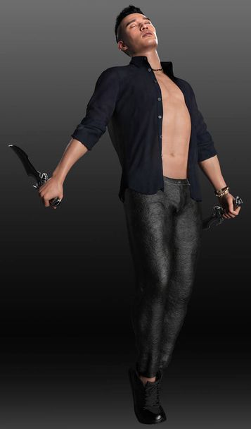 Sexy Handsome Urban Fantasy Asian POC Man with Open Shirt, Bare Chest - Foto, imagen