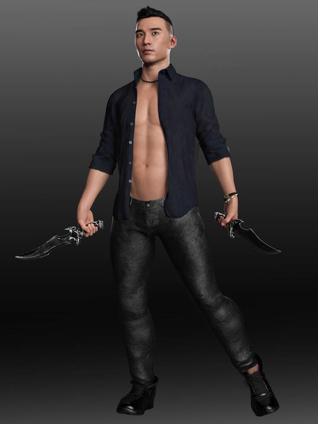 Sexy Handsome Urban Fantasy Asian POC Man with Open Shirt, Bare Chest - Foto, Imagen