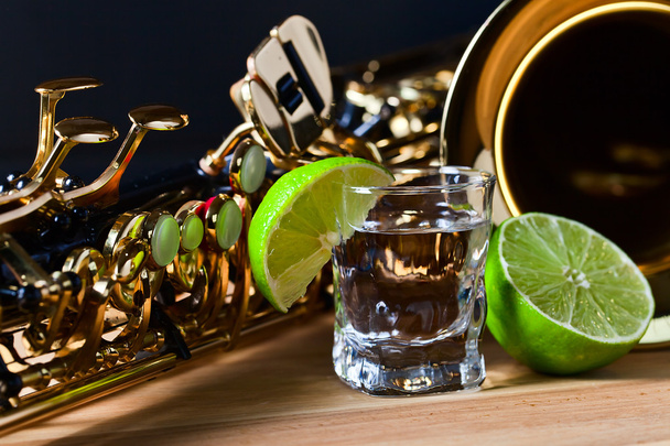 saxophone and tequila with lime - Photo, Image