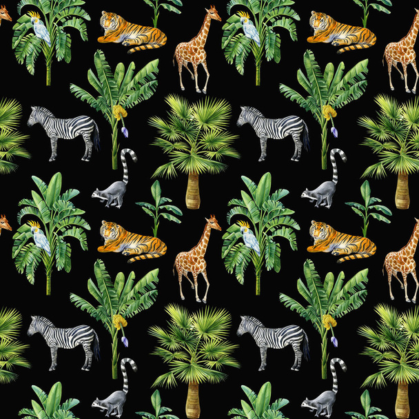 Тропический фон с пальмами и животными, зеброй, тигром, слоном и лемуром. Бесшовные шаблоны. Высокое качество иллюстрации - Фото, изображение