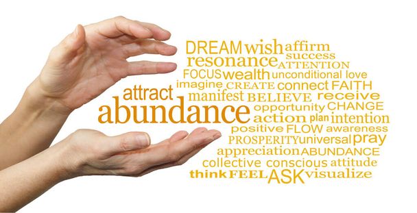 Words associated with Attracting Abundance Word Cloud - female cupped hands beside an ATTRACT ABUNDANCE word cloud against a white background  - Foto, imagen