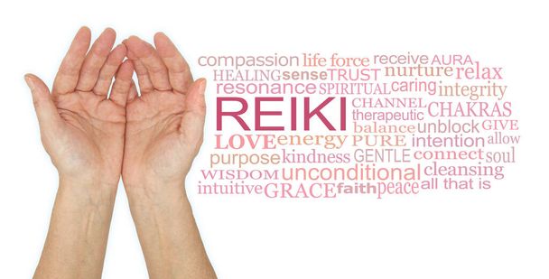 Humble reiki healing hands word cloud - female cupped hands beside REIKI word cloud against white background - Photo, image