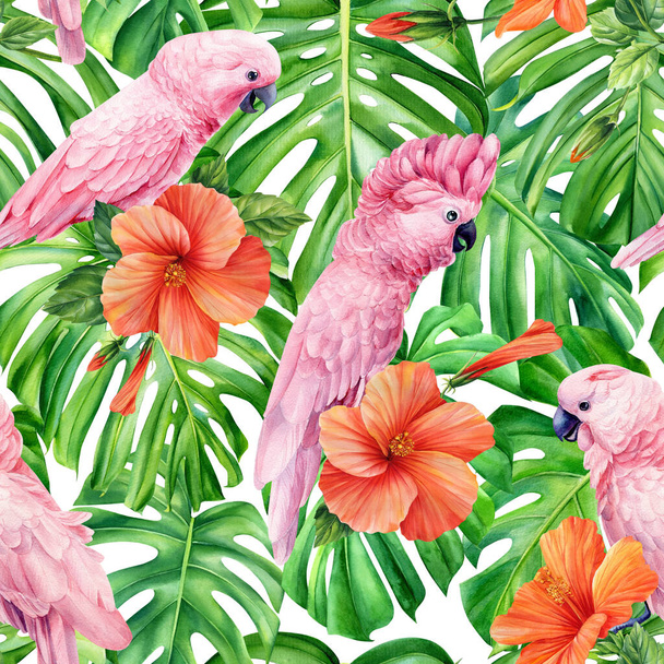 Folhas de palma, flores tropicais e papagaio. Ilustração aquarela. Padrões sem costura. Ilustração de alta qualidade - Foto, Imagem