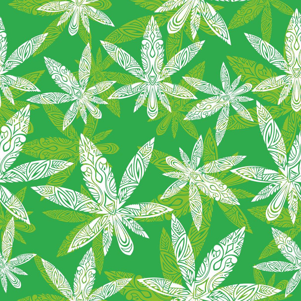 Green seamless pattern with medical herbs to smoke. Repetitive background with marijuana and cannabis leaves.  - ベクター画像