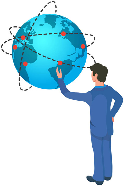 Man examining globe, choosing location for vacation. Planning business trip, travel with model of planet. Businessman looks at layout of Earth with stopping points and routes, search for position - ベクター画像