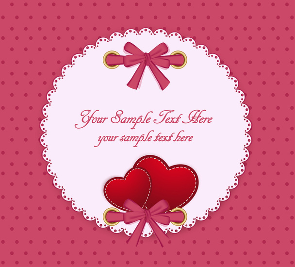 Vector greeting card on a beige background with bow, two hearts - Vector, imagen