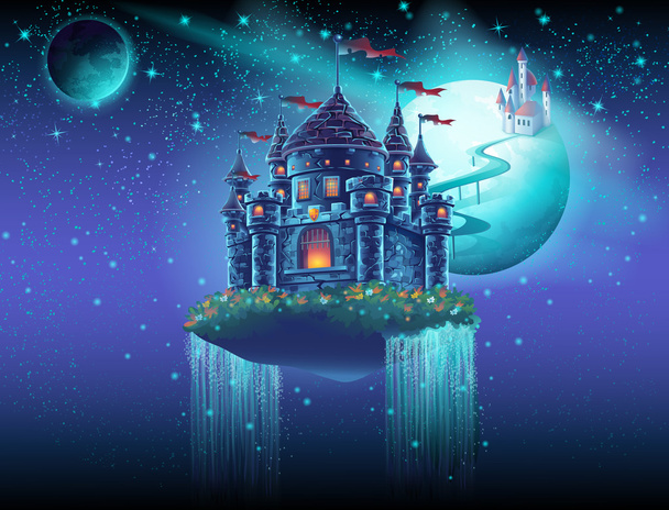 Illustration space castle with a waterfall on the background of the planet - Vector, Image