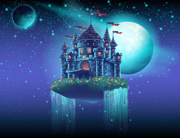Illustrazione di un castello volante nello spazio sullo sfondo di stelle e pianeti
 - Vettoriali, immagini