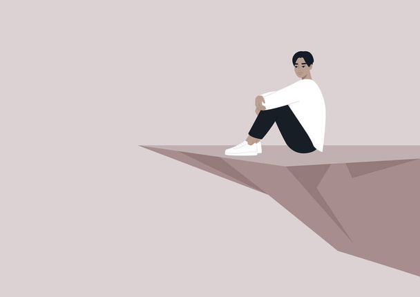 A young character sitting on the edge of the cliff, a depressive episode - Vector, Image