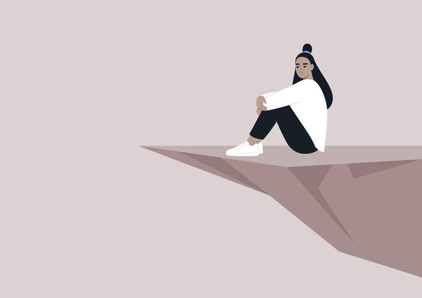 A young character sitting on the edge of the cliff, a depressive episode - Vector, Image