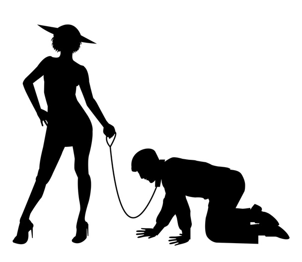 Silhouette of woman holding man on a leash - Vector, Image