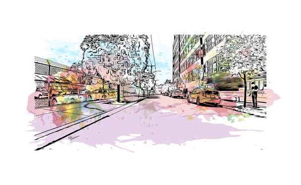 Print Building view with landmark of New Haven is the city in Connecticut. Watercolor splash with hand drawn sketch illustration in vector. - Vektör, Görsel