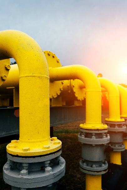 Gas pipeline oil industry. Yellow gas pipe power technology. Fuel energy equipment. Gas industry, oil transport system - 写真・画像