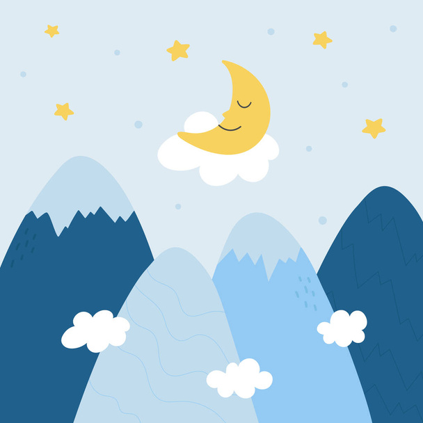 Hand drawn mountain landscape, sky, moon, stars and cloud. Template for poster, nursery, baby design and decoration. Vector illustration - ベクター画像