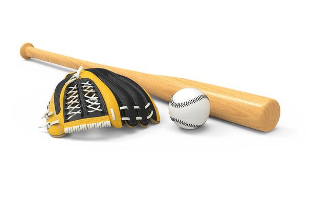 Baseball laitteet eristetty valkoisella pohjalla. lähikuvat urheiluvälineistä. Baseball bat, pallo, ja käsine. - Valokuva, kuva