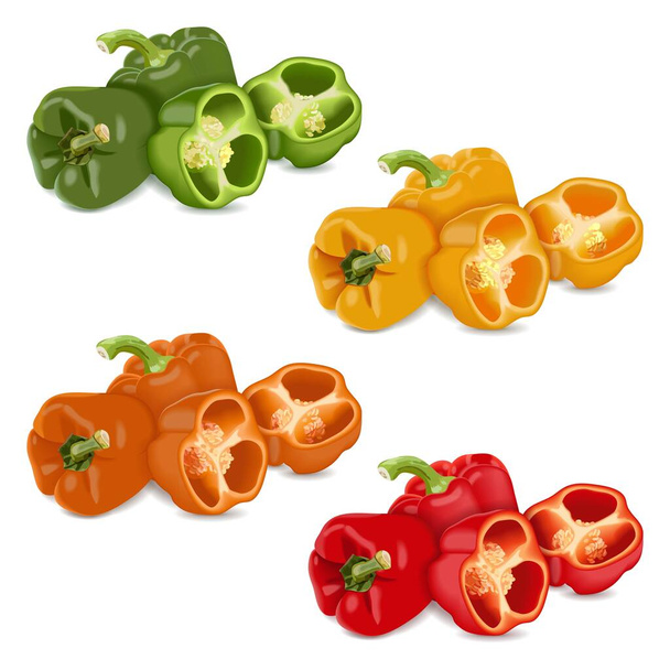 Three each red, green, yellow, and orange bell peppers for banners, flyers, posters, social media. Whole and quarter sweet bell peppers. Vegetables. Vector illustration isolated on white background. - Vector, Image