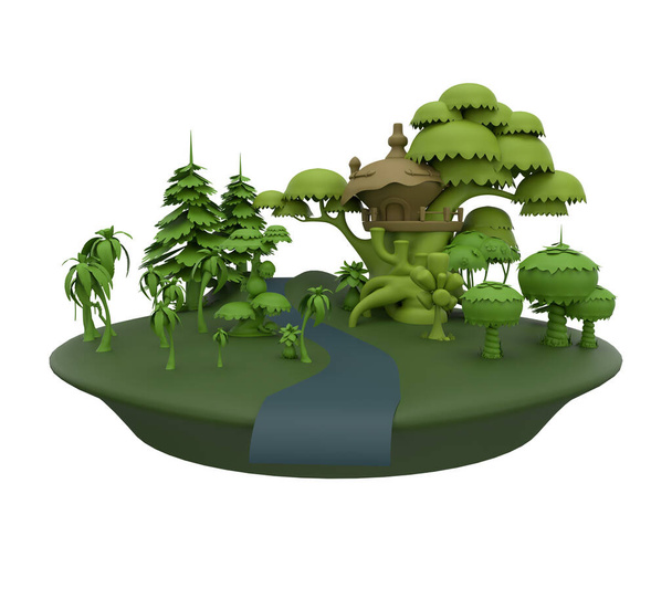 fantasy floating island with mountains, trees and street on green grass 3d illustration of flying land with beautiful land scape. - Fotografie, Obrázek