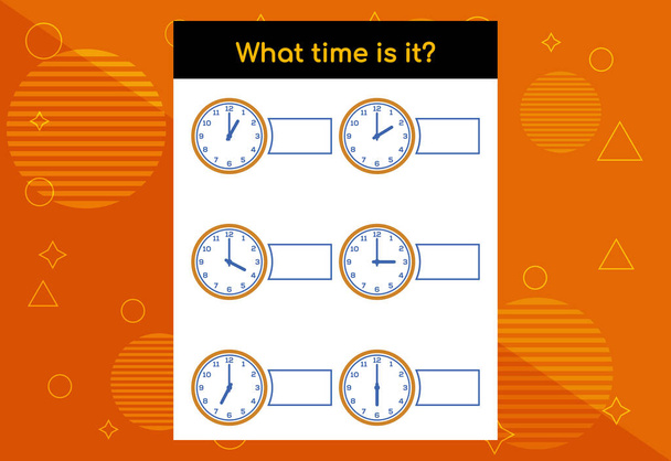 Learning time. Educational activities worksheet for kids. What time is it? - ベクター画像