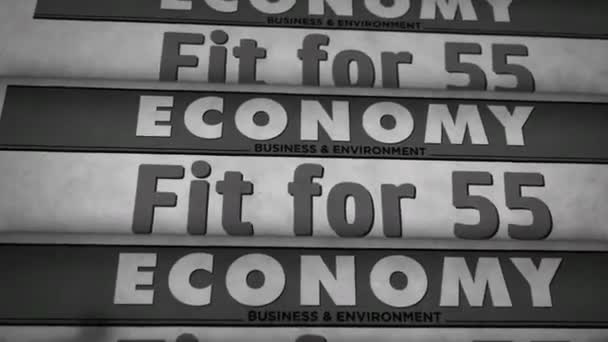 Fit for 55 European Green Deal and reduce the greenhouse gas emissions. Vintage newspaper printing abstract concept. Retro 3d black and white animation. - Felvétel, videó
