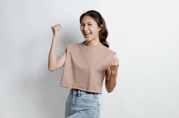 Beautiful Asian woman gesturing for advertisement editing on isolated background, portrait concept used for advertisement and signage, isolated over white background, copy space. - Photo, Image