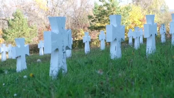 Witte kruisen op de begraafplaats, de begraafplaats van Joden tijdens de Tweede Wereldoorlog. US Holocaust Memorial Museum - Video