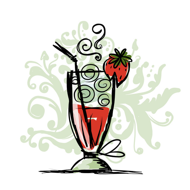 Cocktail with strawberry, sketch for your design - Wektor, obraz