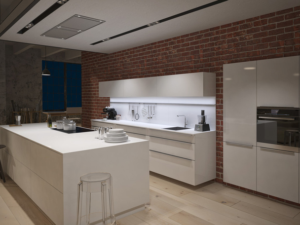 Contemporary steel kitchen in converted industrial loft. 3d rendering - Fotografie, Obrázek