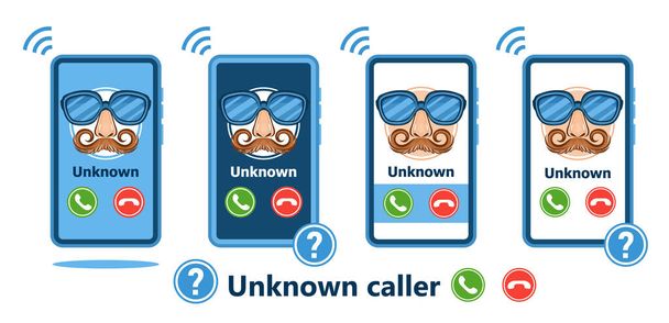 Unknown number phone call, incoming anonymous caller on smartphone screen icon set. Unfamiliar incognito person ringing. ID stranger identification. Fake face mask with glasses and mustache. Mobile anonymity talk, scam, conversation security. Vector - Διάνυσμα, εικόνα