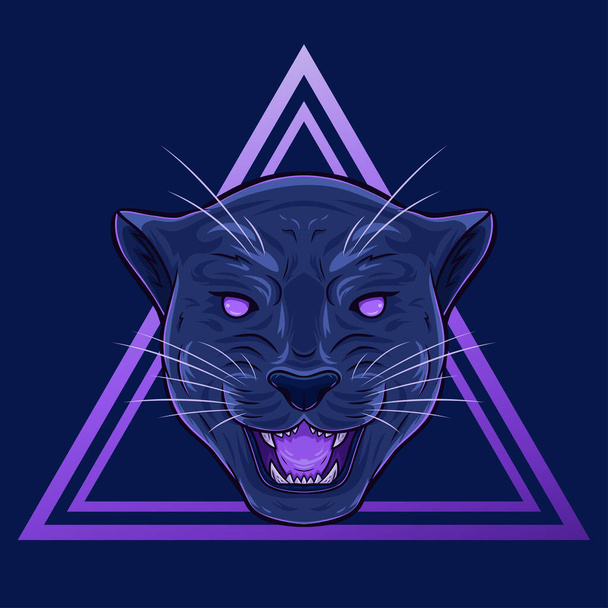 Black panther head on triangle. Cartoon wild cat. Neon colors. Angry face expression. Vector illustration for t-shirts, emblems, logo designs, badges other print designs. - Vektör, Görsel