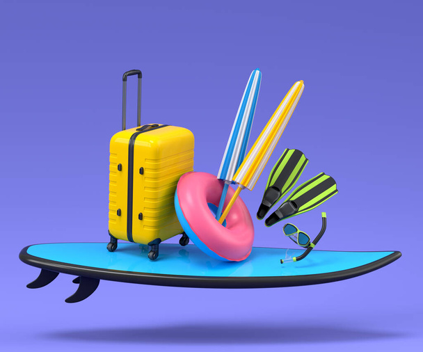 Colorful surfboard, beach ring, umbrellas and scuba mask on blue background. 3D render of summer vacation concept and holidays - Valokuva, kuva