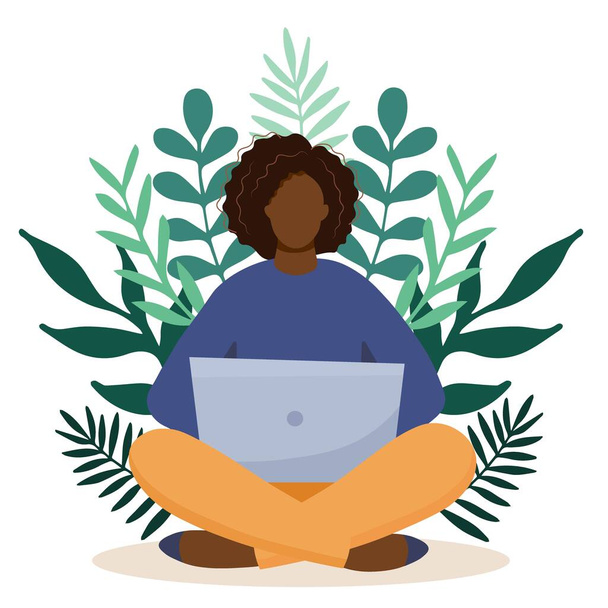 Black woman with laptop sitting in nature and leaves. - Vettoriali, immagini
