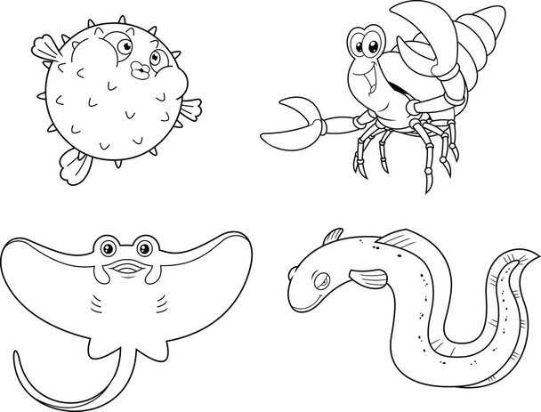 Umrissene Ozean- oder Meerestiere Zeichentrickfiguren in unterschiedlichen Posen. Raster Hand Drawn Collection Set isoliert auf weißem Hintergrund - Vektor, Bild