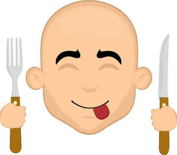 Vector illustration of the face of a cartoon bald man with a yummy expression, with a knife and fork in his hands - ベクター画像