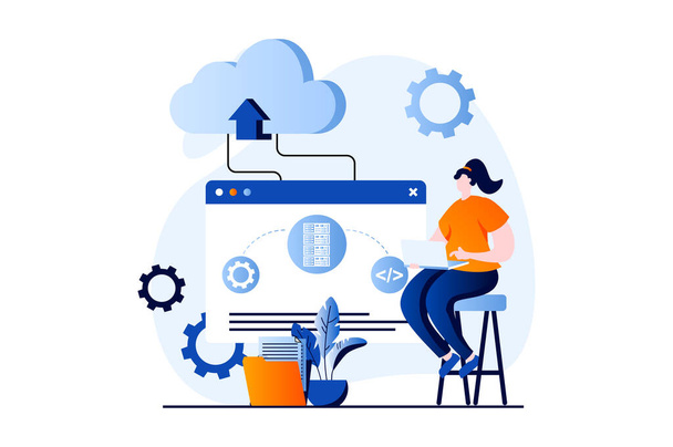 SaaS concept with people scene in flat cartoon design. Woman works on laptop, programming, computing processes using cloud technology. Software as a service. Vector illustration visual story for web - Vektör, Görsel