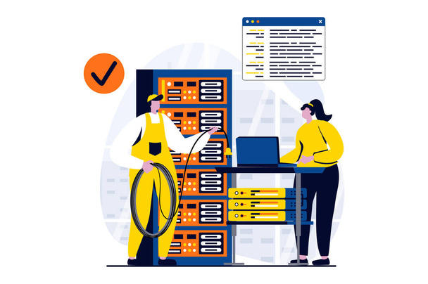 Server maintenance concept with people scene in flat cartoon design. Woman and man technicians team working in server rack hardware room and fixing problems. Vector illustration visual story for web - Вектор,изображение