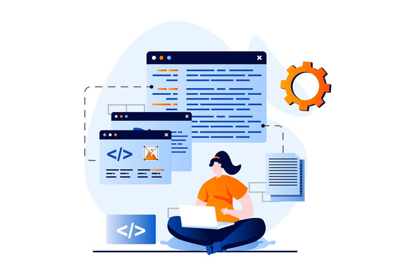 Software development concept with people scene in flat cartoon design. Woman working, optimizes code at screens, programming and creates products on laptop. Vector illustration visual story for web - Vector, Image