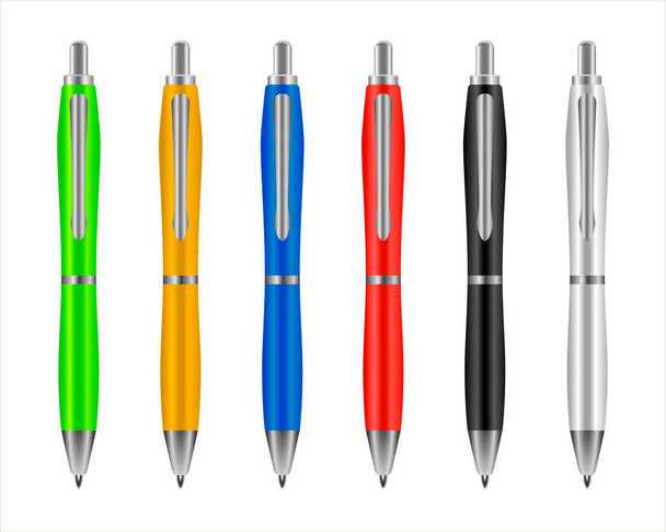 Set colored ballpoint pens isolated on white background. School supplies. Red, blue, yellow and green ballpoint pens. Realistic writing utensils for advertising - Фото, изображение