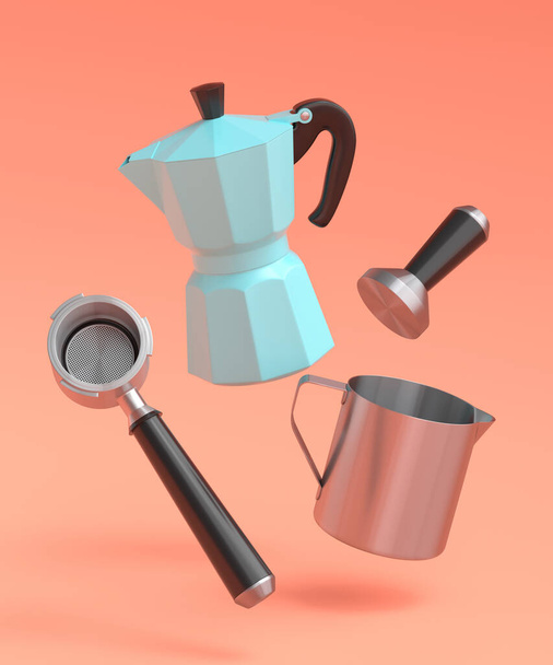 Espresso coffee machine with horn and geyser coffee maker for preparing breakfast on coral background. 3d render of coffee pot for making latte coffee - Foto, Imagen