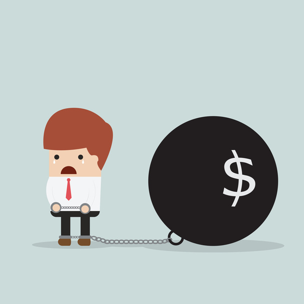 Üzletember zárva egy adósság labda és lánc, adósságok koncepciójának - Vektor, kép