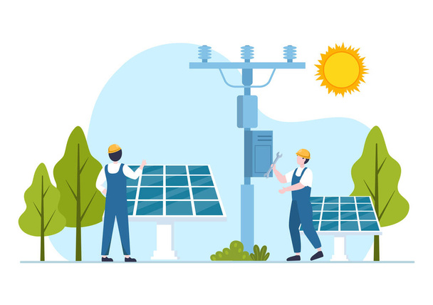 Solar Energy Installation, Panel or Wind Turbine Maintenance with Home Service Team For Electricity Network Operation in Cartoon Illustration - Vector, Image