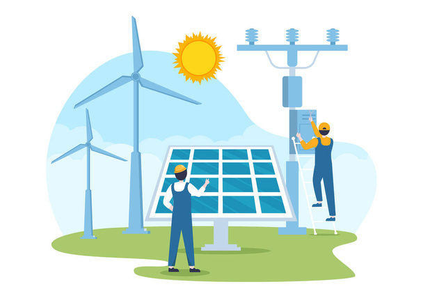 Solar Energy Installation, Panel or Wind Turbine Maintenance with Home Service Team For Electricity Network Operation in Cartoon Illustration - Vector, Image