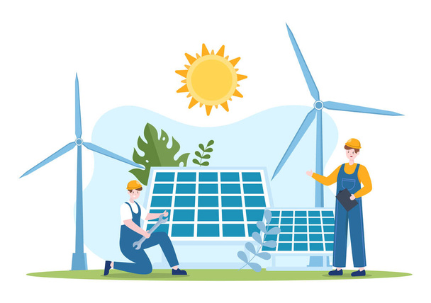 Solar Energy Installation, Panel or Wind Turbine Maintenance with Home Service Team For Electricity Network Operation in Cartoon Illustration - Vetor, Imagem