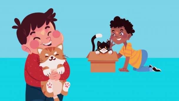 little boys with cats mascots animation ,4k video animated - Felvétel, videó