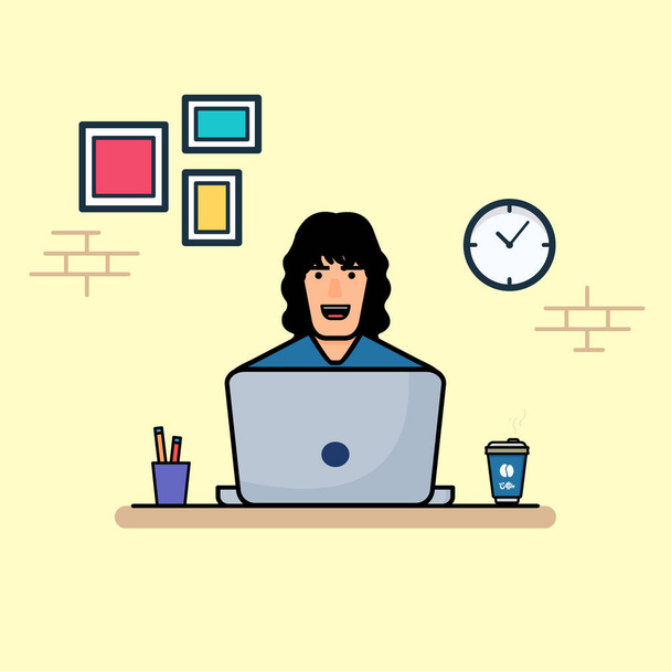 People Working on Computer with Coffee, Vector Illustration. Office. Workspace. Flat Cartoon Style Suitable for Web Landing Page, Banner, Flyer, Sticker, Wallpaper, Card, Background - Вектор,изображение
