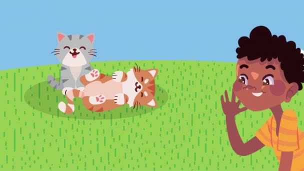 afro chłopiec z kotami maskotki animacja, 4k wideo animowane - Materiał filmowy, wideo