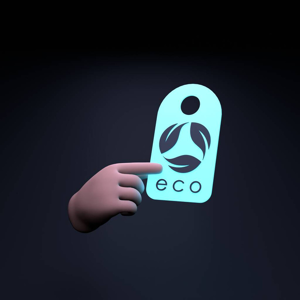 The hand is holding a Neon ECO icon. Ecology Conservation Concert. 3d render illustration. - Φωτογραφία, εικόνα